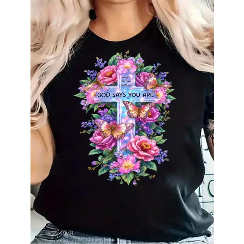 European Size Women's Short Sleeve T-Shirt Compatible for God Said You Were Unique Verse Top - Butterfly Flower Cross Design