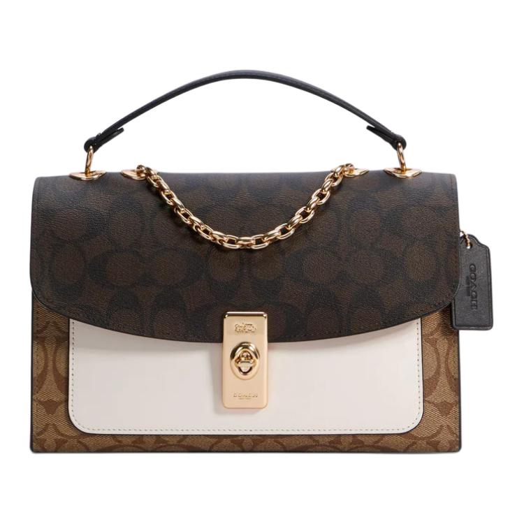 Coach Lane 26 Fashion Color Block Chain Crossbody Shoulder Bag Coated Canvas And Leather Medium Women handbags Brown White C1539-IMNOX