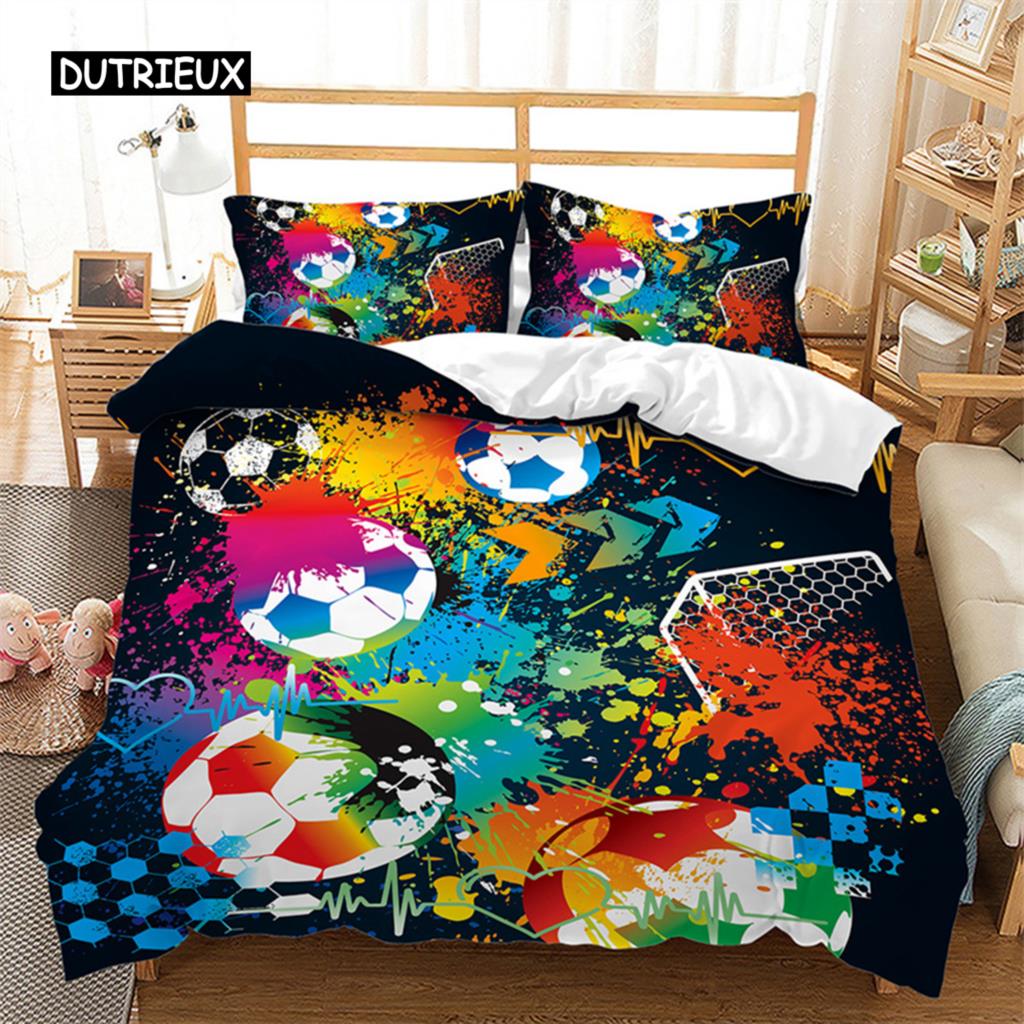 Boys Basketball Duvet Cover 3D Ball Pattern Sports Theme Bedding Set Queen Microfiber Football Competitive Game Comforter Cover