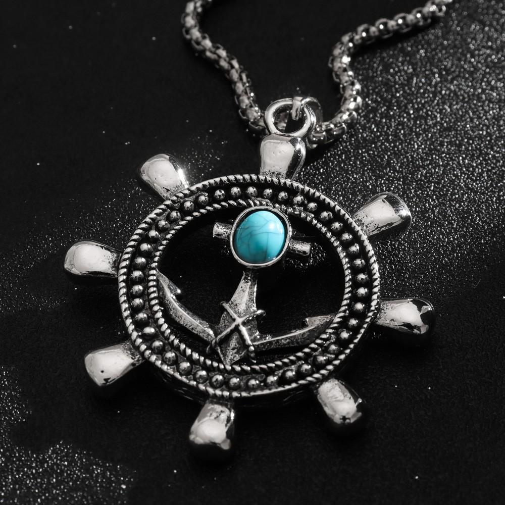 Turquoise Rudder Pendant Necklace Punk Hip-Hop Necklace Retro Anchor Necklace
