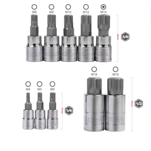 Okiyakusama Ripple Square Bit Socket Set, Torx Bit Socket Set, Triple Square Spline Bit Sockets, 10-Piece Set, M4-M18, 1/4 3/8 1/2 Drive, Repair Tool