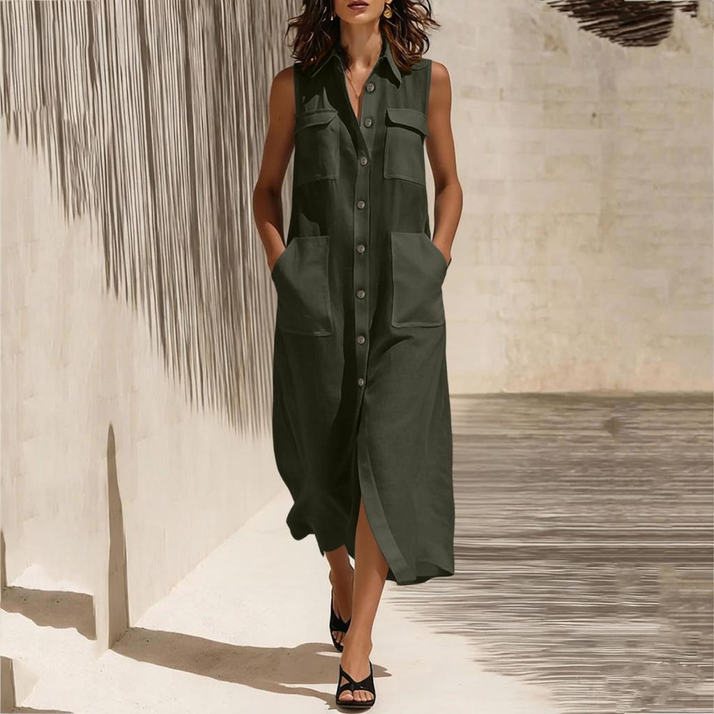 Ärmelloses Maxikleid mit Knopfleiste, Kragen und Taschen, lockere Passform, lässiges langes Kleid für Damen, Sommermode