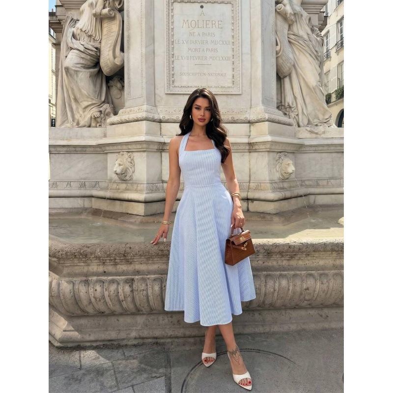 European and American summer new elegant French retro striped square neck striped A word medium and long dress XXS синий