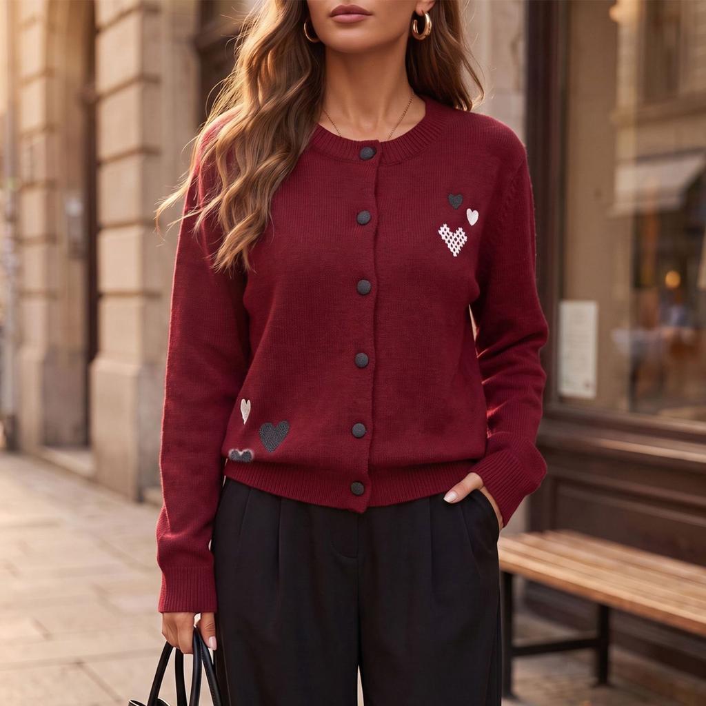 Women's Vintage Round Neck Long Sleeve Knit Cardigan with Heart Embroidery Sweater Jacket