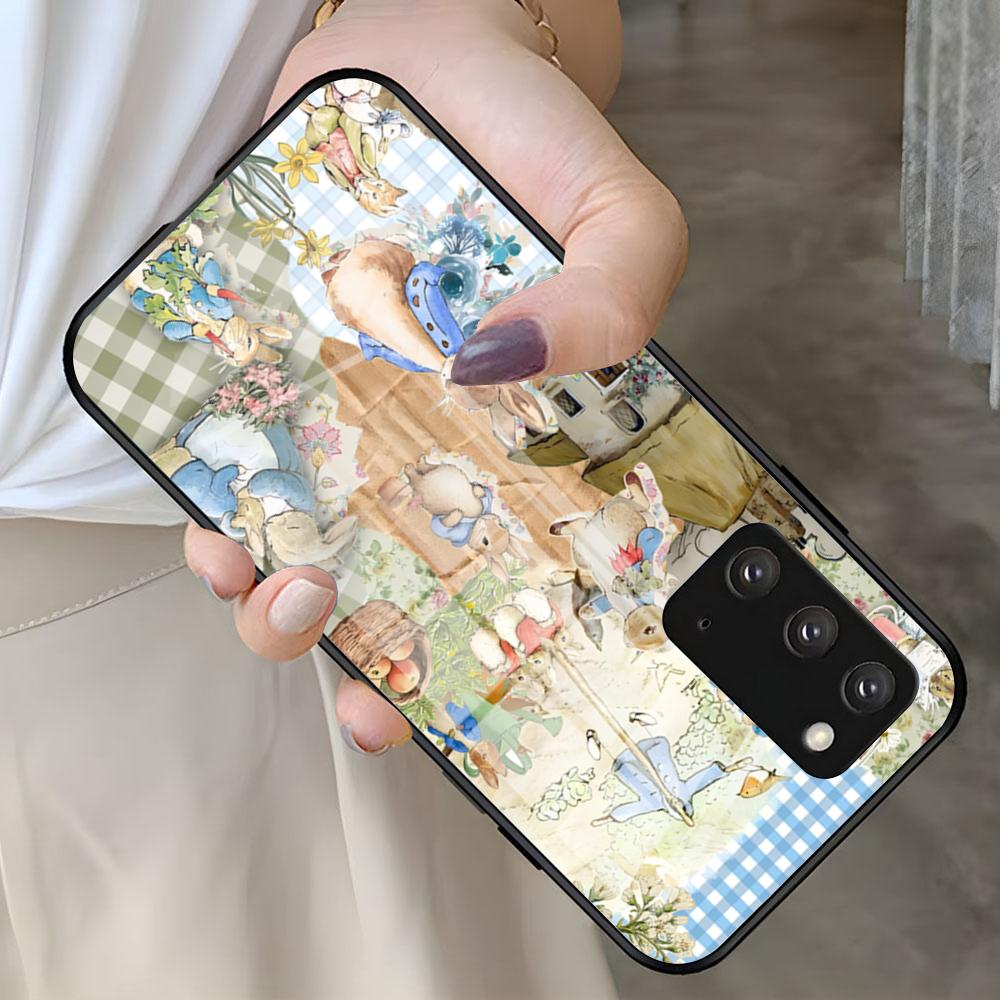 Cute P-PeterS Rabbit Phone Case For Samsung S26 S25 S24 FE S23 S22 S21 Plus S20 Ultra Note20Ultra Black Glass Cover