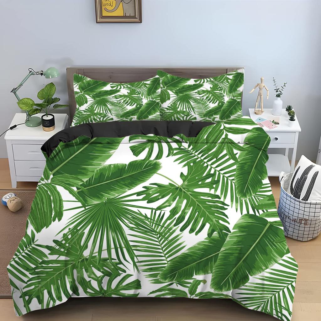 Green Palm Leaves Duvet Cover Twin Queen Size Hawaii Tropical Botanical Plant Leaf Bedding Set Summer Rainforest Comforter Cover