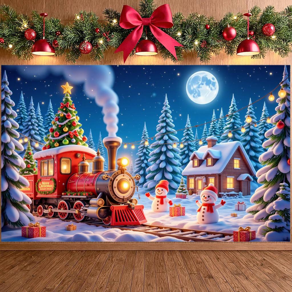Festive Banner Snowy Scene Holiday Banner Christmas Train Banner Lighted Garland For Outdoor Event Winter Festival Holiday