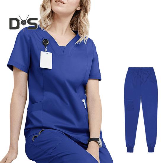 2 stk/sett Dame Sykehusuniformsett V-hals Kort ermet Lommer Topper Elastisk midje Joggebukser Sett Hurtigtørkende Sykehus Tannlege Sykepleierdrakt