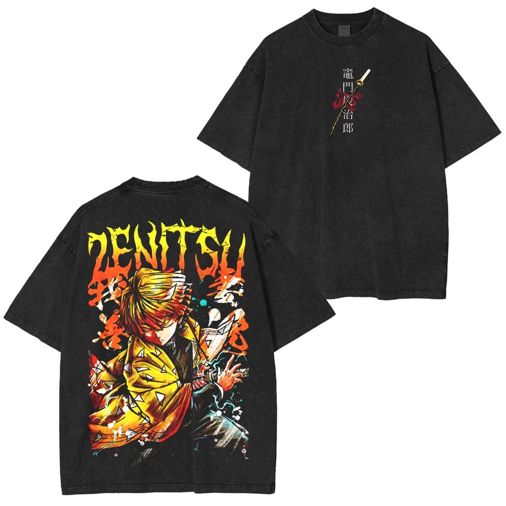 

Manga Demon Slayer Graphic T-shirt Zenitsu Vintage Washed Oversized T Shirt Men Women Clothing Soft Cotton Short S