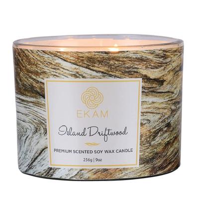 EKAM Island Driftwood 3 Wick Soy Wax Scented Candle - 256 Grams - 30 Hours Burn Time - Ideal for Home Decor, Gifting & Aromatherapy