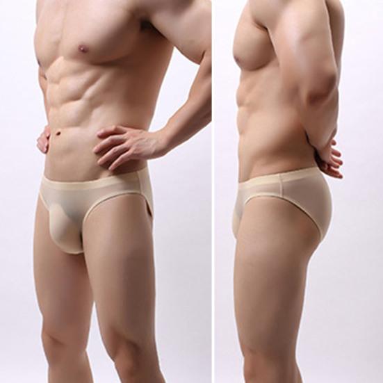 Men Sexy Briefs Mid-rise Ice Silk Thin Translucent Panties Elastic Waistband Solid Color U-Convex Underwear