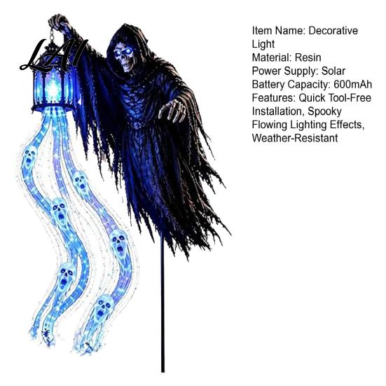 Spooky Yard Scene Accessories Halloween Soul Harvester Solar Garden Stake Light Animated Ghost Lantern with LED Skeleton Pathway Stakes Flowing Eyes,