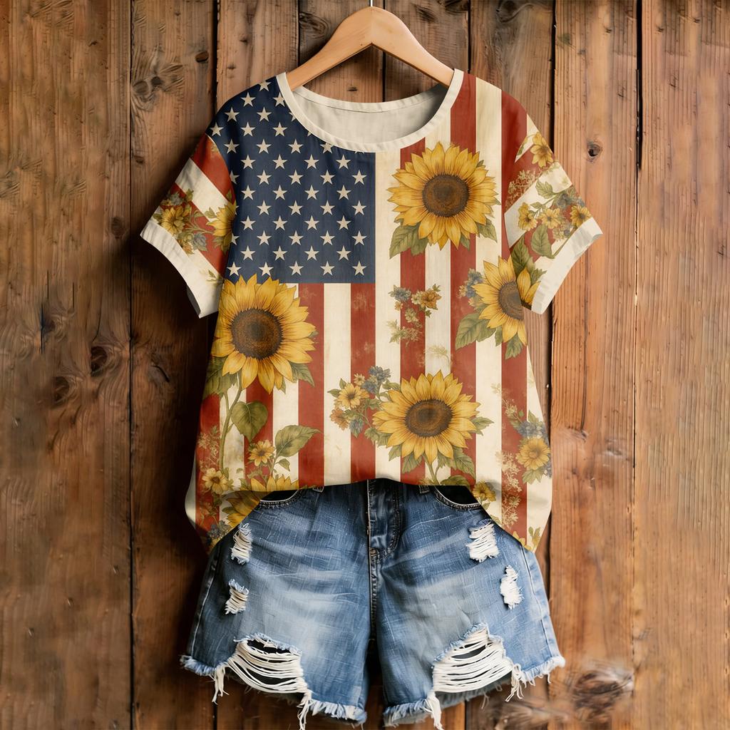 Women's American Floral Patchwork Print Casual T-Shirt 250Th Anniversary USA Shirt Patriotic Tshirt