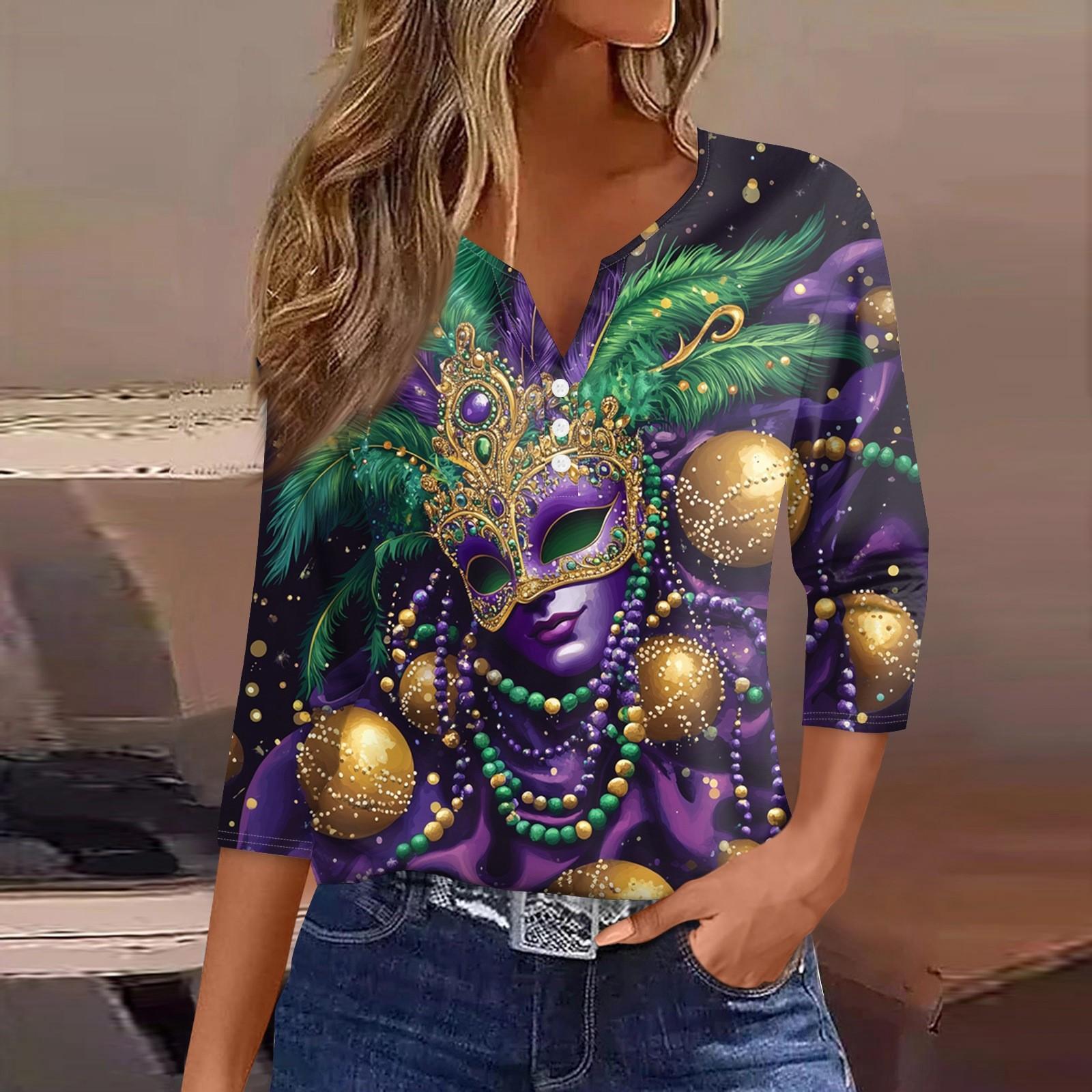 

Женская мода повседневная футболка с V-образным вырезом и декоративными пуговицами и рукавом три четверти с принтом карнавала XXL фиолетовый