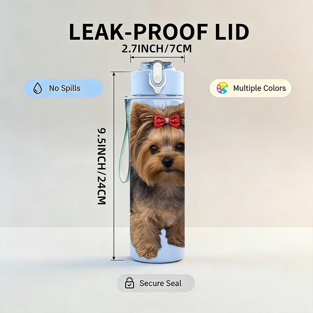 1PC Yorkie Puppy With Red Hair Bow 750ml Color Plastic Sports Water Bottle Leakproof Flip Straw Lid Suitable for Sports Office Home Use