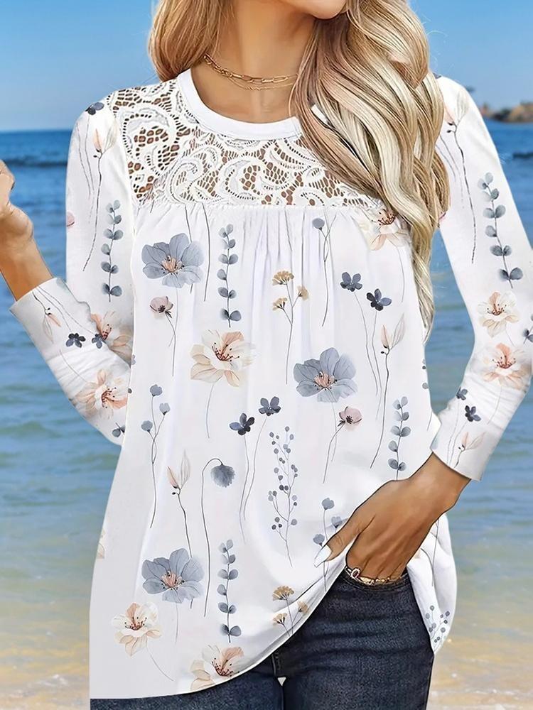 Fashion Autumn Plus Size Women Lace Floral Print Long Sleeve Round Neck Casual Pullover T Shirt Top