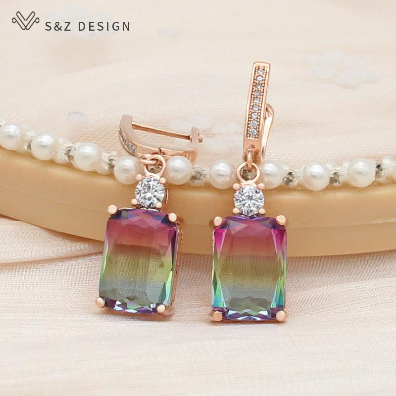 

Модные элегантные серьги-капельки цвета розового золота с кубическим цирконием, прямоугольные турмалиновые серьги-капли для женщин, свадебные ювелирные украшения