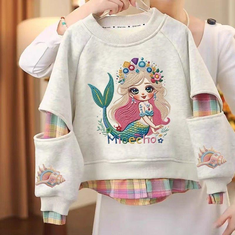 Girls Embroidered Mock Two Piece Sweatshirt for Spring Autumn