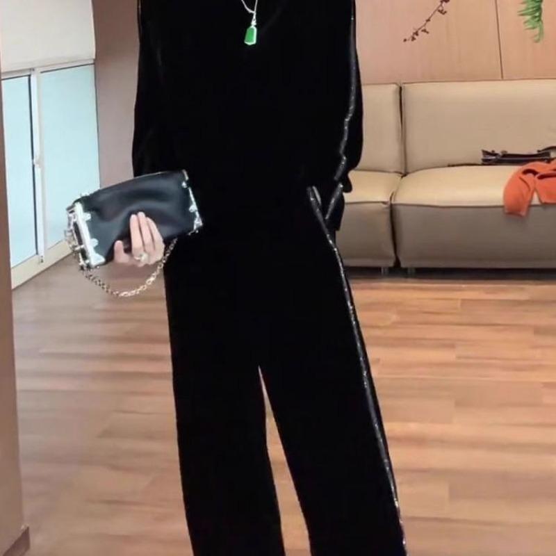 Women Plus Size Velvet 2 Piece Outfit Rhinestone Long Sleeve Top Wide Leg Pants Set
