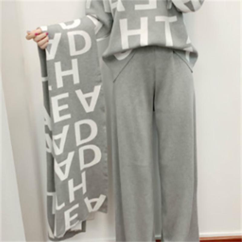Knitted Suit Women'S Autumn And Winter Casual Fashion Temperament Scarf Sweater Wide Leg Pants Three Piece Set