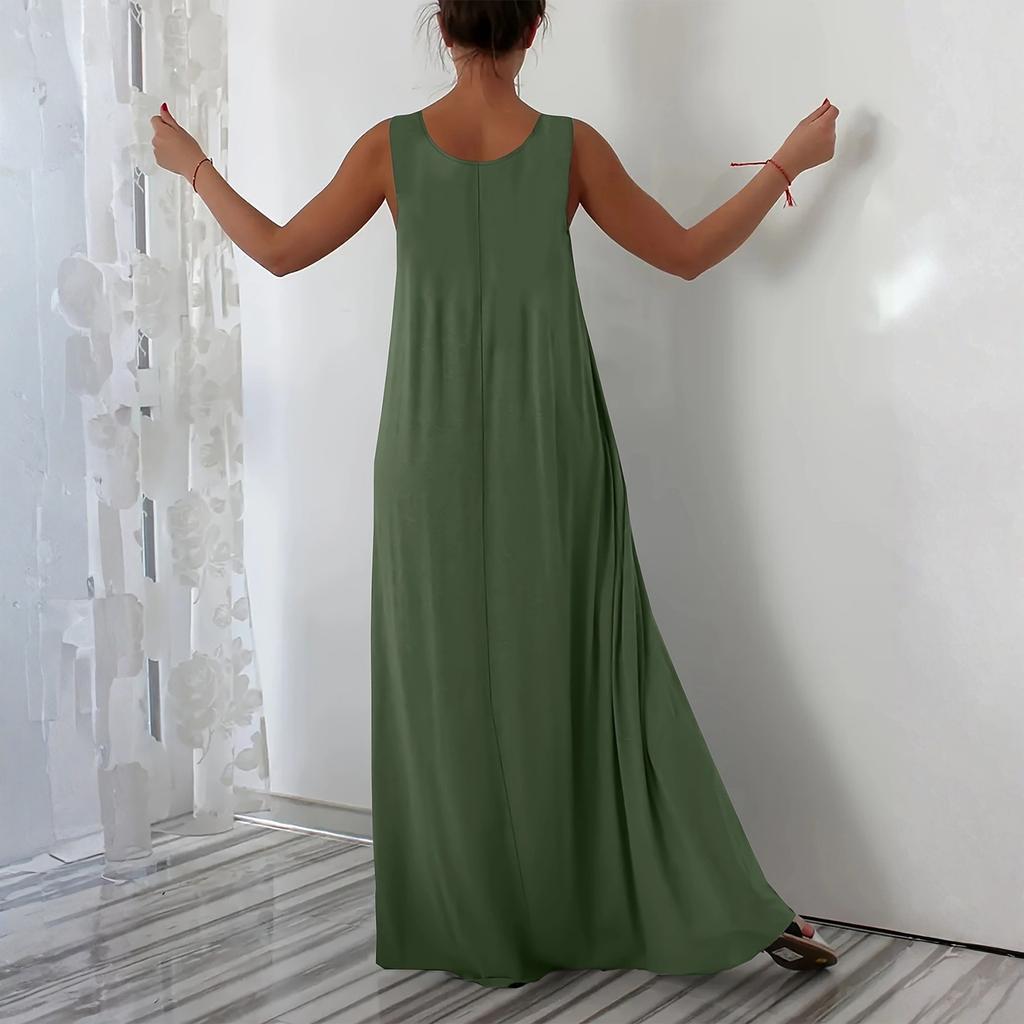 Women's Fashionable Color V Neck Sleeveless Casual Loose Fitting Pullover Long Dress