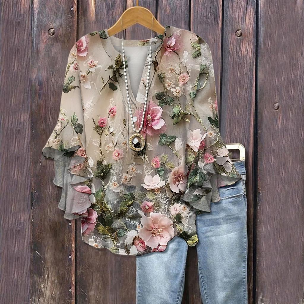 Summer Tops For Women Cute V Neck 3/4 Sleeve Blouses Floral Print Top Casual Shirts