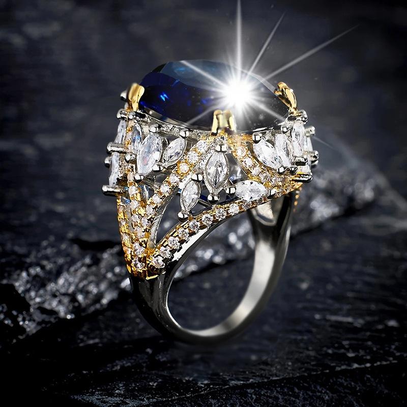 

European and American Domineering Court Style Two Tone Ring with A Female Design Sense, Oval Blue Zircon Zircon with Horse Eyes 9
