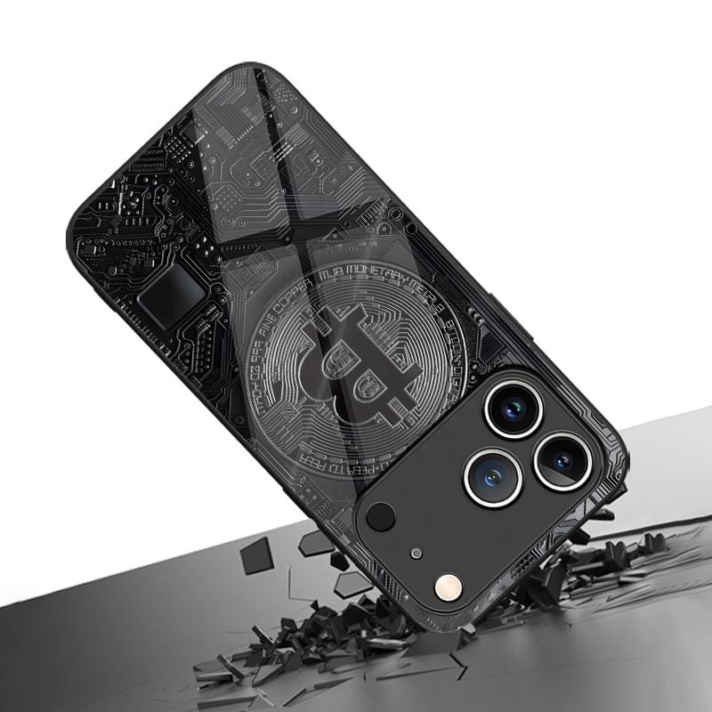 Bitcoin circuit pattern tempered glass phone case suitable for iPhone 17 16 15 14 13 12 11 Pro/Max/Plus anti drop and shockproof