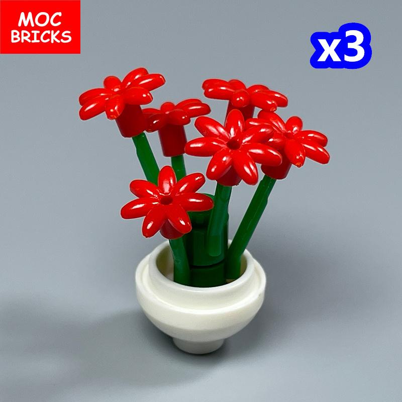Kit MOC Blocks Flower Pot Rose Plant Garden City Decor Construction Bricks Assembles Particles Children's Playthings
