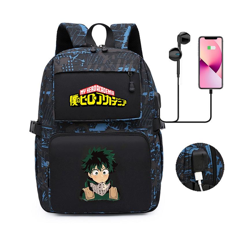 Riman My Hero Academy Cartoon Pattern Backpack, Large Capacity Student School Bag Usb Computer Bag