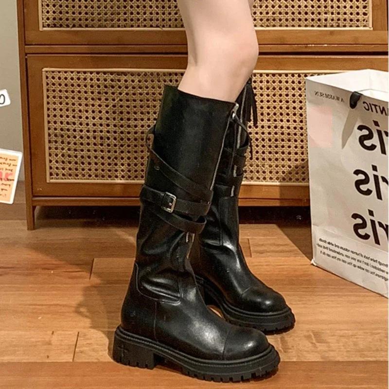 fashion Gothic Thigh High Boots Women Winter Long Boot New Fashion Front Zipper Square Heel Knee-High Botas Ladies Motorcycle Boots