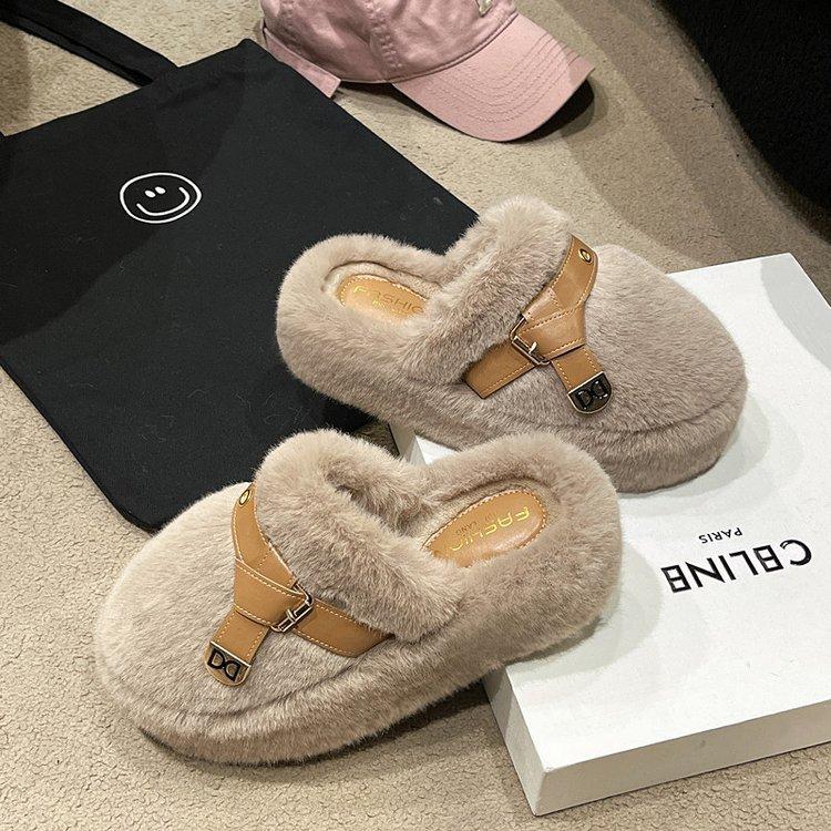 Internet celebrity baotou half slippers women's outer wear 2025 spring and autumn new heightened thick-soled fluffy shoes home warm cotton mop