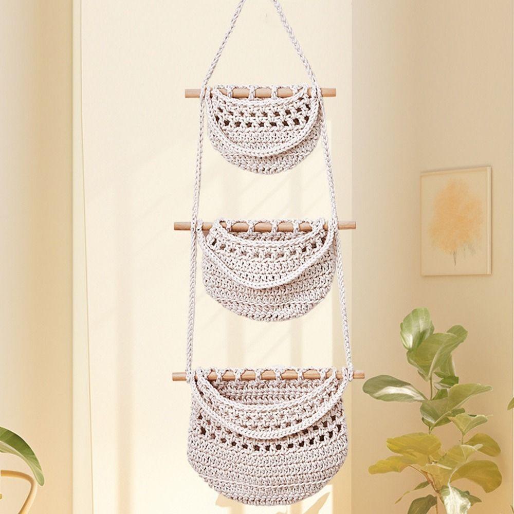 Handmade Hanging Fruit Baskets Simple Fruit Net Pocket Practical 3 Tier Storage Bag  Closet