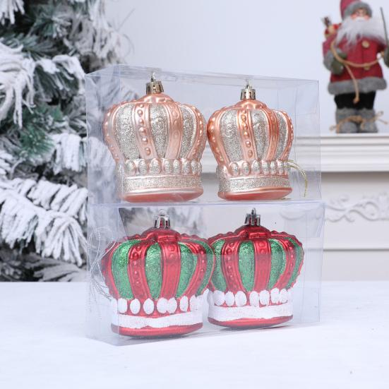 2 Pcs Christmas Crown Ornaments Vintage Style Plastic Red Green/Goldem Royal Crown Ornament for Xmas Tree Window Shop Home Holiday Decor