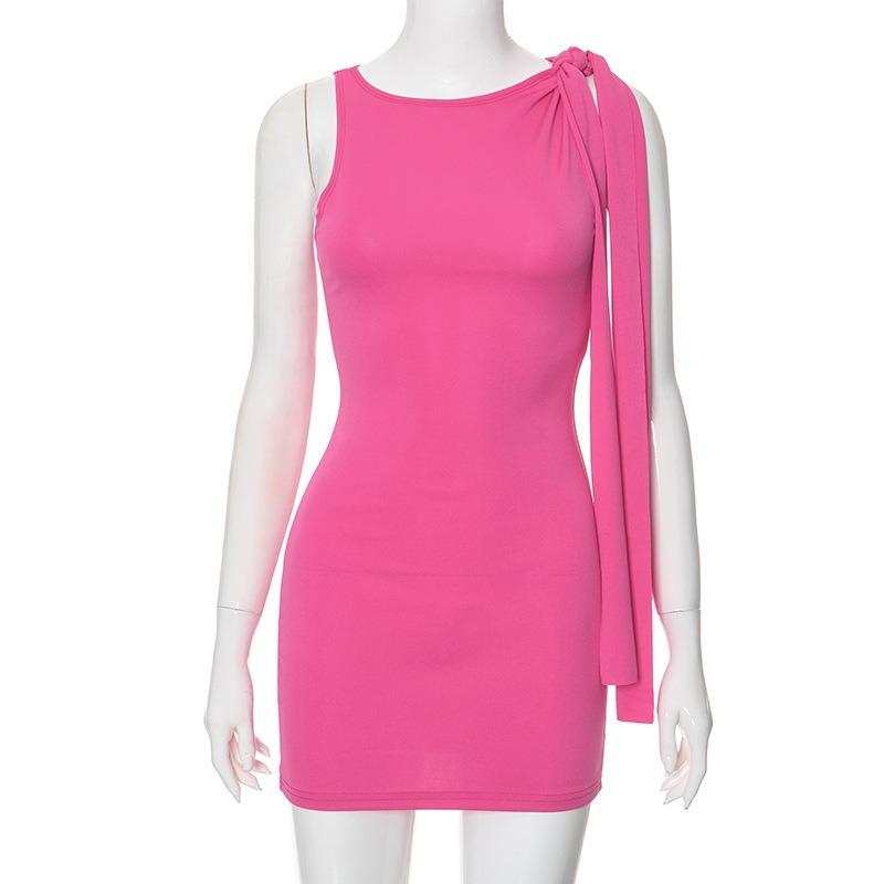 

Женская мода лето весна однотонный принт без рукавов косой воротник высокая талия повседневные платья M розы красного