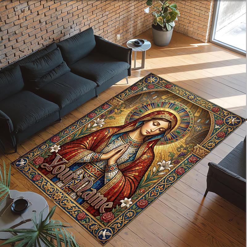 Virgin Mary Theme Crystal Velvet Rug Personalized Custom Name Text Soft Floor Mat Home Decor
