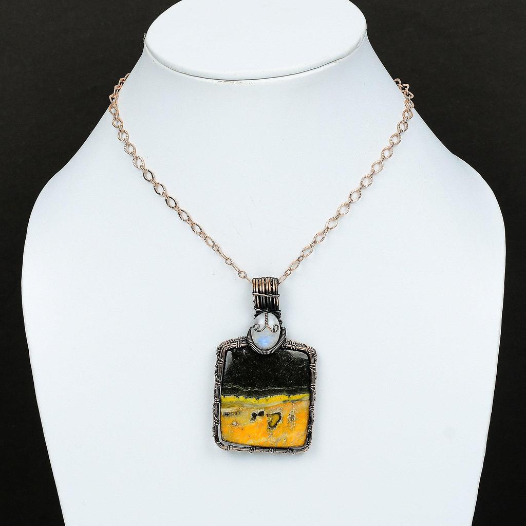 Bumble Bee Jasper Pendant Rainbow Moonstone Pendant Copper Wire Wrapped Pendant Gemstone Jewelry For Gift Handmade Copper Wire Wrap Jewelry