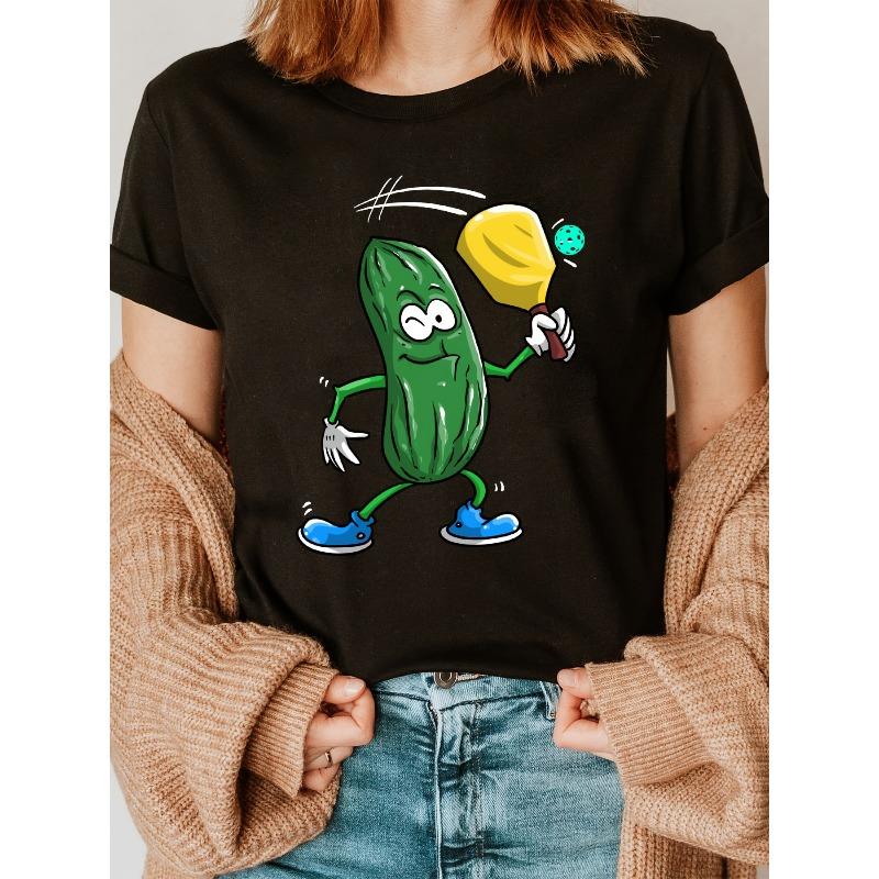 

Cotton Cartoon Pickle Pong Ball T-Shirt - Casual Round Neck Short Sleeve Crew Top for Women, Knit Fabric, All-Season Comfort, No Detail - Fun Gift S чёрный
