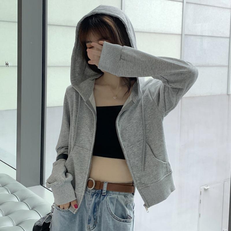 Women's Hooded Zipper Jacket - Autumn 2024 Trend, Loose Fit, Short, Long Sleeve, Thin Korean Style Cardigan.