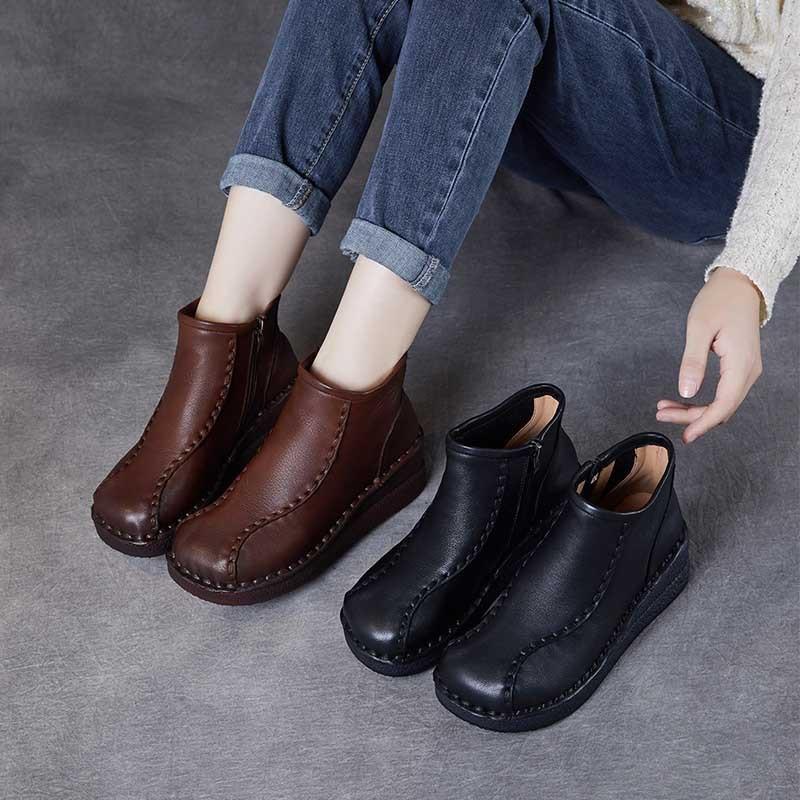 Johnature Retro Soft Soled Wedges Short Boots Genuine Leather Women's Shoes Round Toe Plush Cotton Boots