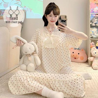 Pigiama Estivo in Cotone Stile Principessa per Donna con Imbottiture sul Seno, Camicia da Notte Manica Corta Lunghezza Media, Taglia Grande 200 Jin