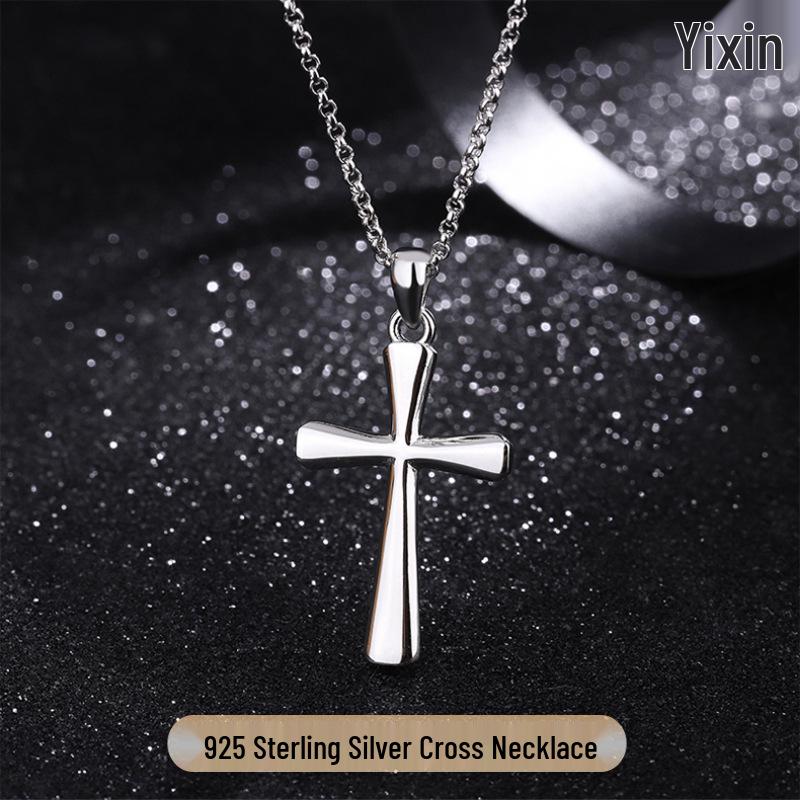 Sterling Silver Cross Necklace, Smooth Pendant for Men & Women, S925 Trendy Design