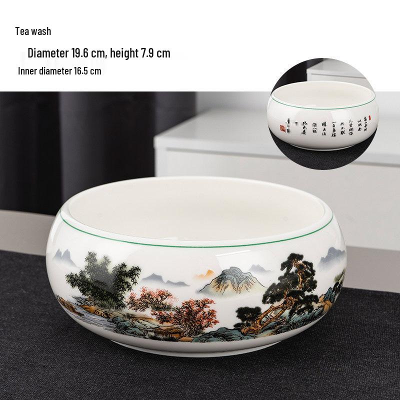Large Chinese Style Blue and White Porcelain Tea Wash Basin and Cup Washer with Lan Ting Xu Calligraphy - Retro Ceramic Brush Washer