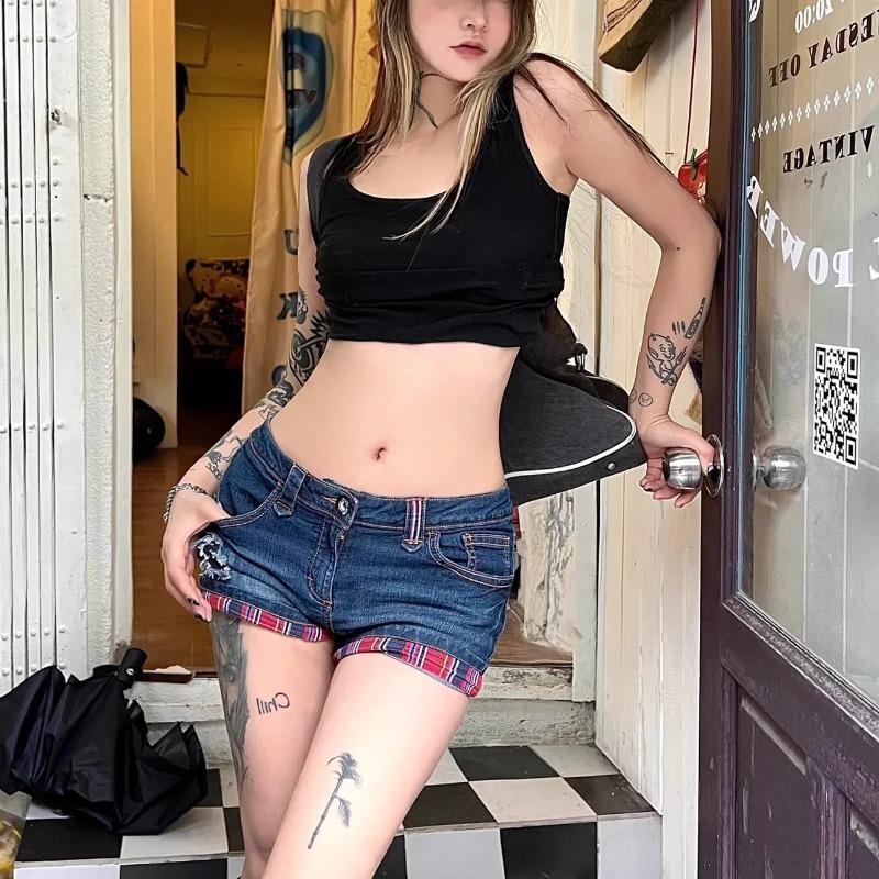 Hot Girl Jeans Super Corti a Quadri Contrasto Basso Vita Stretti Arricciati Estivi Nuovi Donna Vestibilità Slim Copri-Glutei Hot Pants