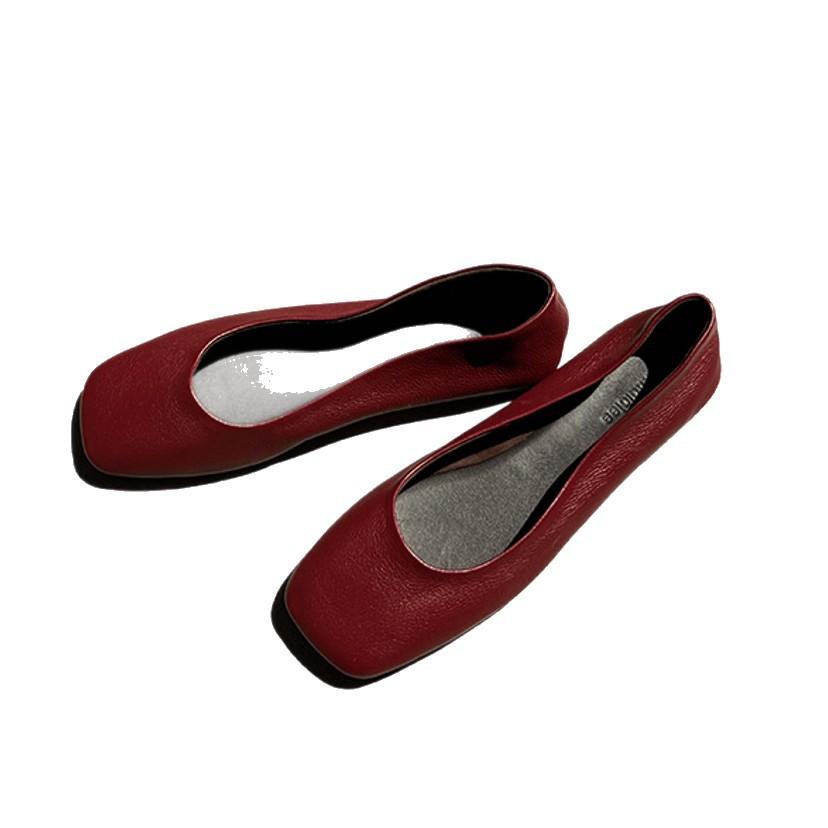 Sheepskin version~ Flat ballet shoes Minimalist retro square head grandma shoes High version niche soft leather single shoes women's loafers