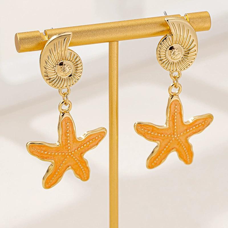Fashion Childlike Ocean Starfish Conch Earrings Beach Vacation Wind Metal Color Women's Earrings