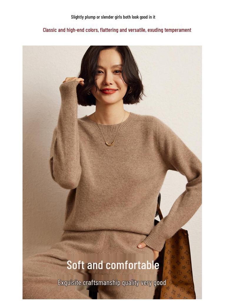 Versatile Cashmere Sweater: Women's Long Sleeve, Round Neck, Comfortable, Loose Fit, Solid Color, Lazy Knit for Autumn and Winter.