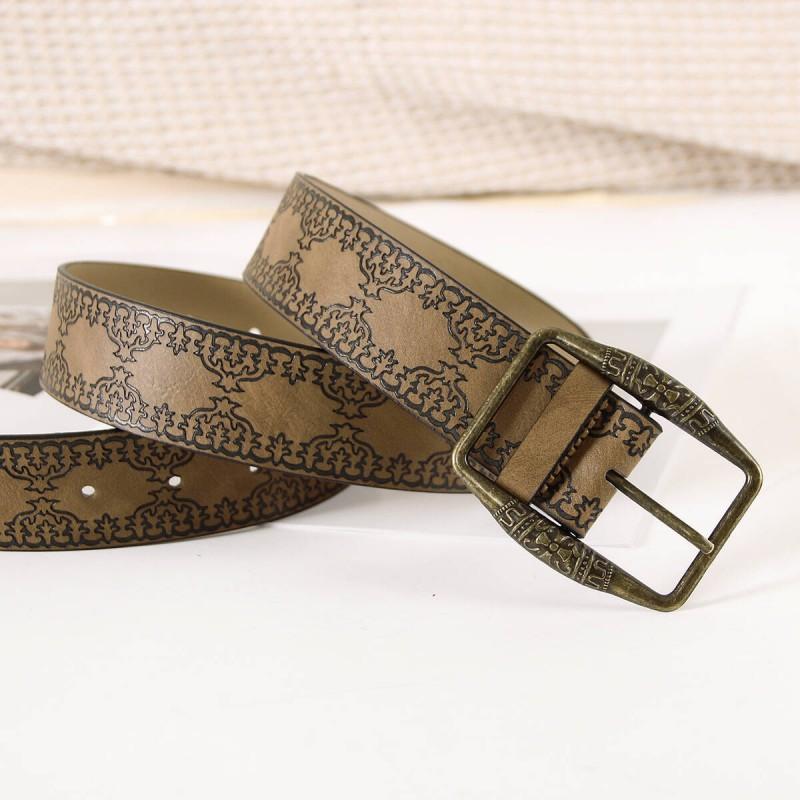 Vintage Brown Engraved Belt Womens Jeans Fashion Western Style Pin Buckle