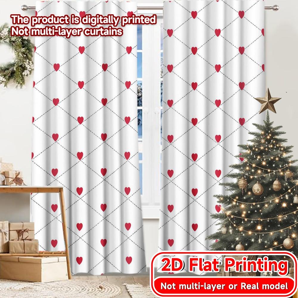 

Set Of 2 Flat Printing Heart Grid Pattern Popular Curtains Drapes Versatile Durable Polyester All Perfect Curtain W100*H70(CM)-Hooks&1PCS