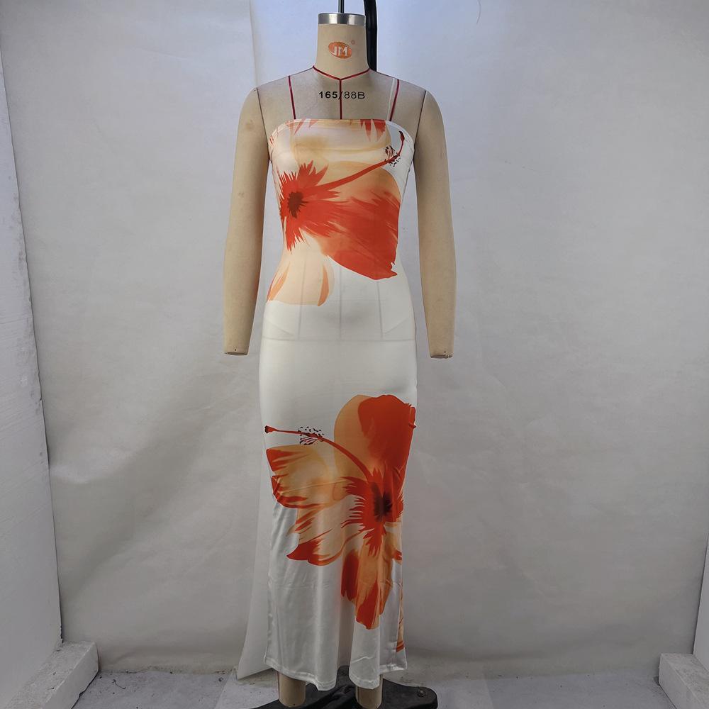 Hochwertiges europäisches und amerikanisches trägerloses Sommerkleid mit Aufdruck für Damen: Sexy, Taillenbetonende, Hüftbetonende Mode